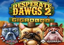 Desperate Dawgs 2 slot game banner showcasing wild west-themed cartoon characters.