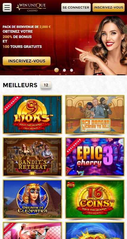 Version mobile du casino en ligne avec interface simplifiée pour smartphones et tablettes. Affiche une sélection de jeux populaires, un menu de navigation compact et des boutons d'action adaptés aux écrans tactiles. Design responsive pour une expérience de jeu optimale sur appareils mobiles.