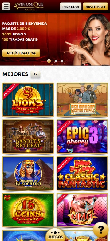 Versión móvil del sitio de casino en línea, mostrando la interfaz optimizada para dispositivos móviles con acceso a juegos, bonos y soporte al cliente