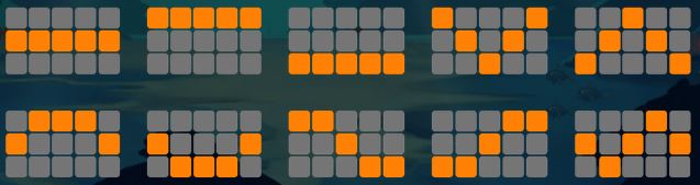 Image affichant les 10 lignes de paiement actives de la machine à sous Catch Cash, chaque ligne étant représentée en orange sur une grille de 5 rouleaux et 3 rangées.