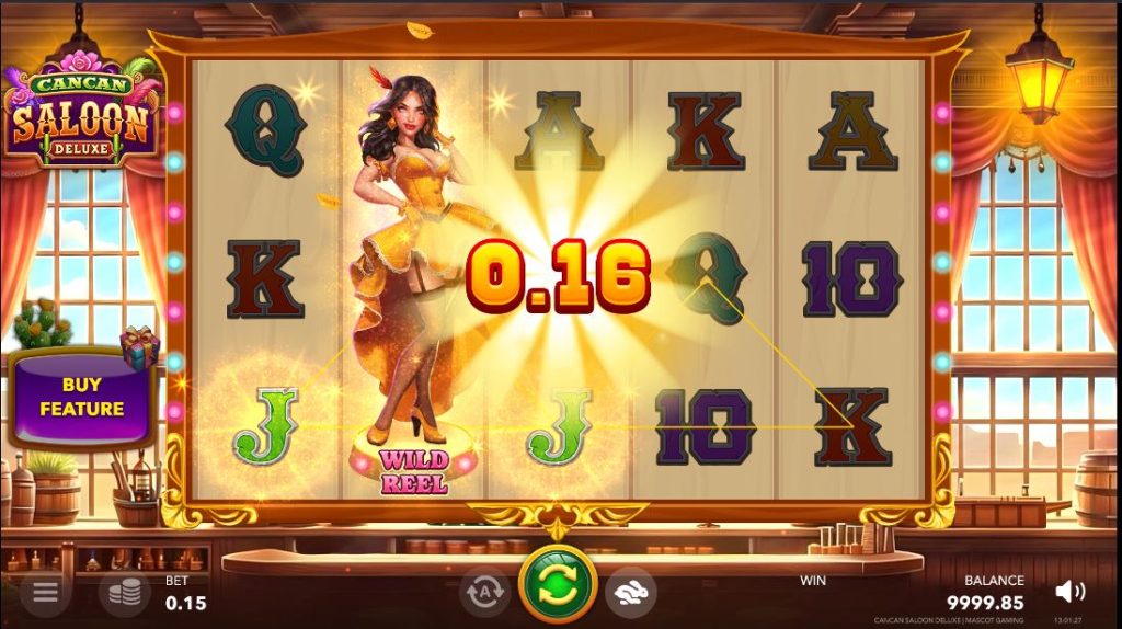 Capture d’écran du jeu CanCan Saloon Deluxe montrant une machine à sous à 5 rouleaux avec un symbole Wild Reel au centre, un gain de 0,16 affiché en grand, des éléments de décor de saloon, et l’option "Buy Feature" visible à gauche de l’écran.