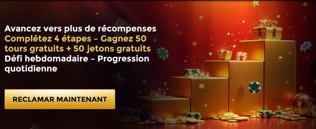 Cadeaux dorés, jetons de casino et ambiance festive sur fond rouge, illustrant les récompenses et bonus à gagner sur Unique Casino.