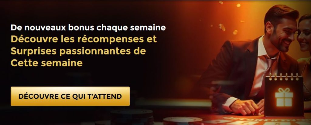  Homme élégant assis à une table de casino avec des jetons et un calendrier cadeau lumineux, illustrant l’annonce de nouveaux bonus hebdomadaires sur Unique Casino.