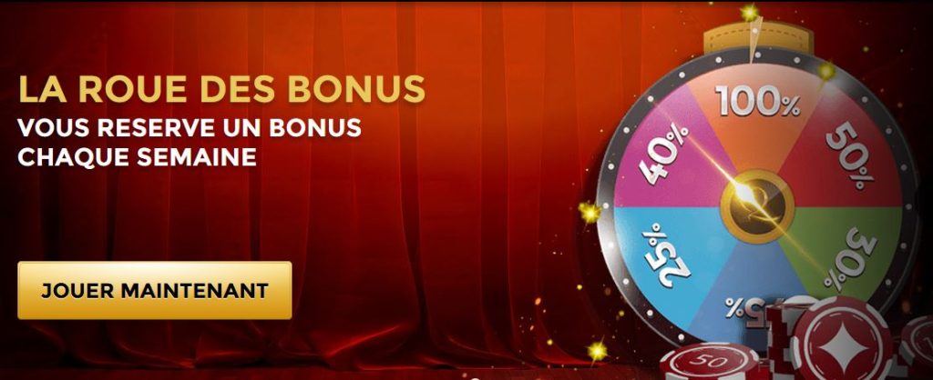  Roue des bonus colorée affichant des pourcentages de bonus de 25 %, 30 %, 40 %, 50 % et 100 %, avec le texte « La roue des bonus vous réserve un bonus chaque semaine » sur fond rouge et un bouton « Jouer maintenant ».