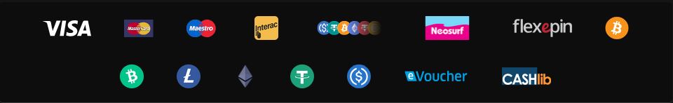 Description des logos de méthodes de paiement acceptées sur Unique Casino, incluant Visa, Mastercard, Maestro, Interac, Neosurf, Flexepin, Bitcoin, Litecoin, Ethereum, Tether, USD Coin, eVoucher et CASHlib.