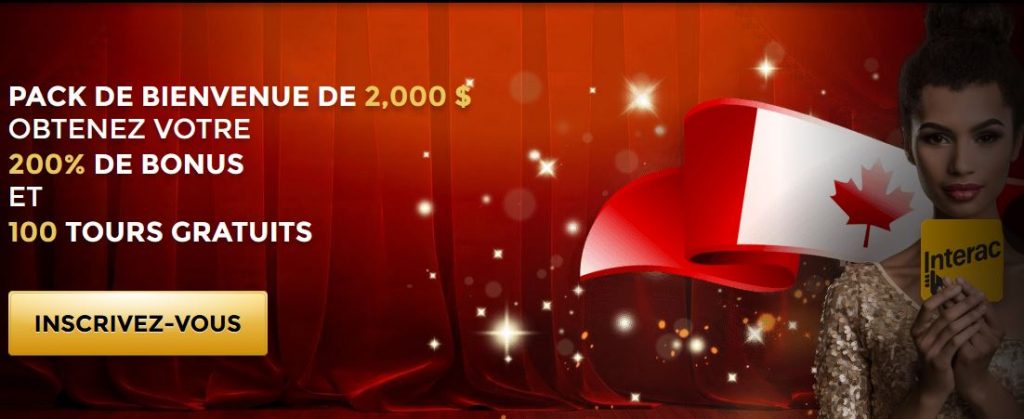 Bannière promotionnelle de casino en ligne avec un fond rouge, un drapeau du Canada, une carte Interac et un texte annonçant un pack de bienvenue avec bonus et tours gratuits.
